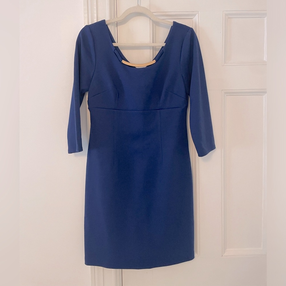 Sapphire Blue Sheath Dress Gold Bar Neck Detail Size 6 3/4 Sleeve
